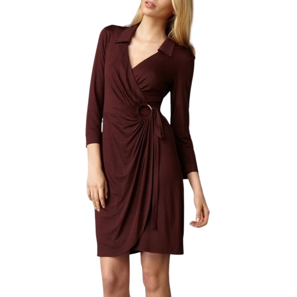 Trina Turk Mahalo Wrap Dress 8 Burgundy Wine Jersey Gold Ring Collar Made USA